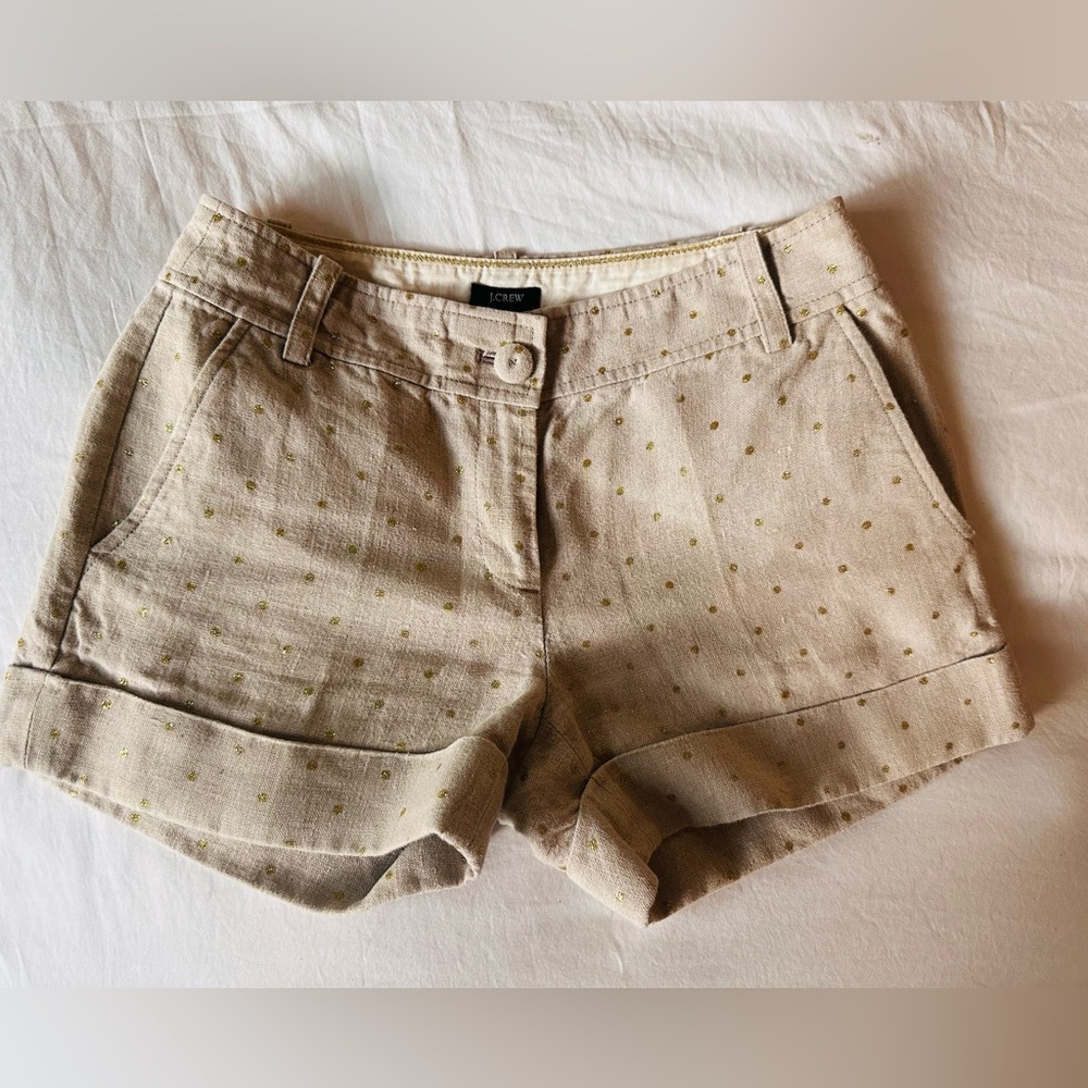 Ladies JCREW linen shorts with gold glitter polka dots   SIZE 0.  11 inches.